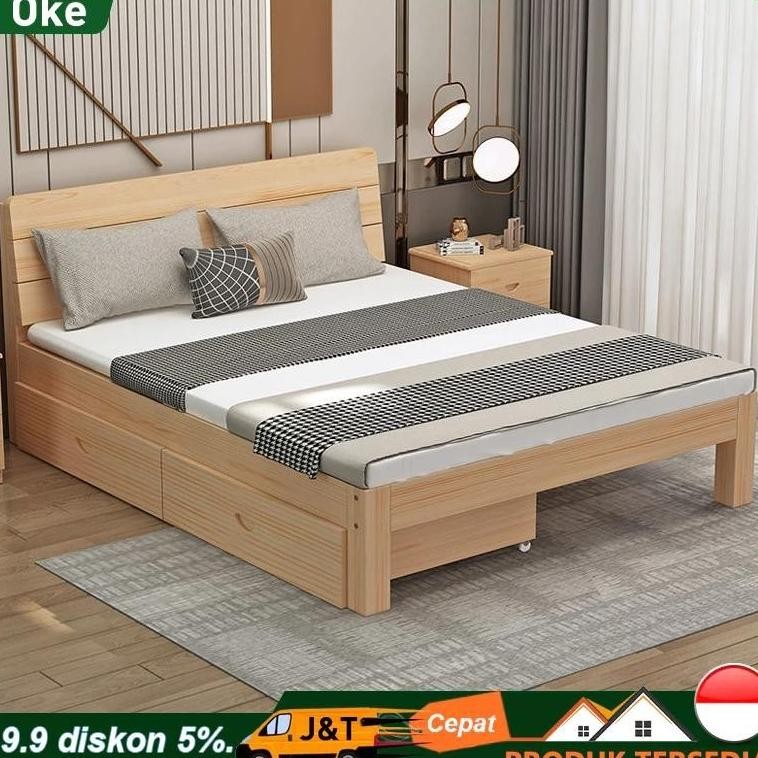Tempat tidur kayu solid Tempat tidur minimalis 180x200CM Sandaran Tempat Tidur