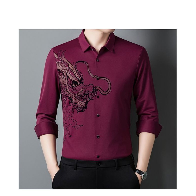 Kemeja Pria Lengan Panjang Sutra Musim Semi Musim Gugur Tanpa Setrika Tahan Kerut Sutra Asli Naga