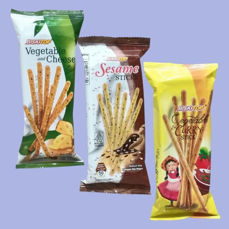 

Ready stok Terlaris Biskitop Vegetable Sesame, Curry & Cheese Biscuit Stick 50gr Termurah