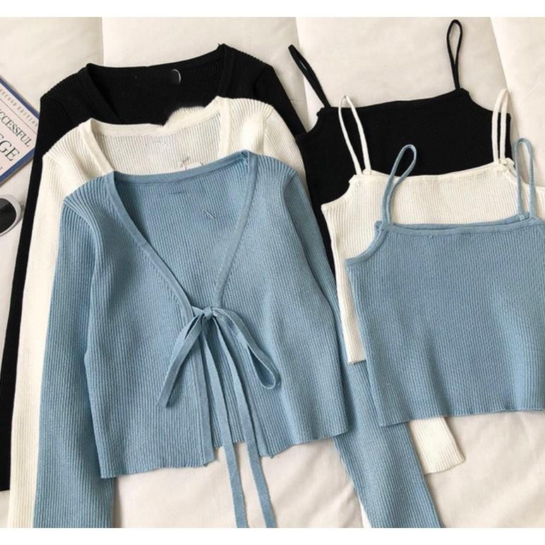 ND Cardigan Set Crop Top Hijab Rib Adem