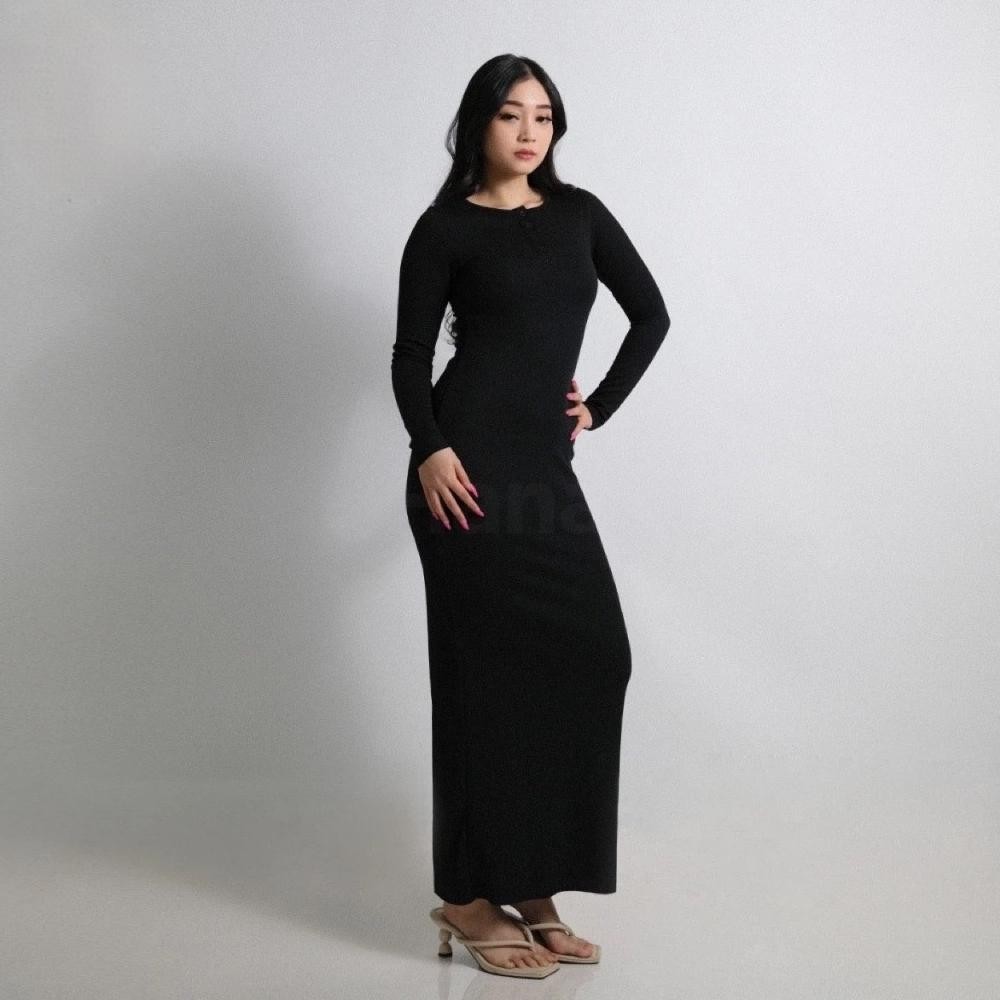 ND [ Flash ] Dress Knit Presbody Knit Rib Dress Kancing Bodycon By NF