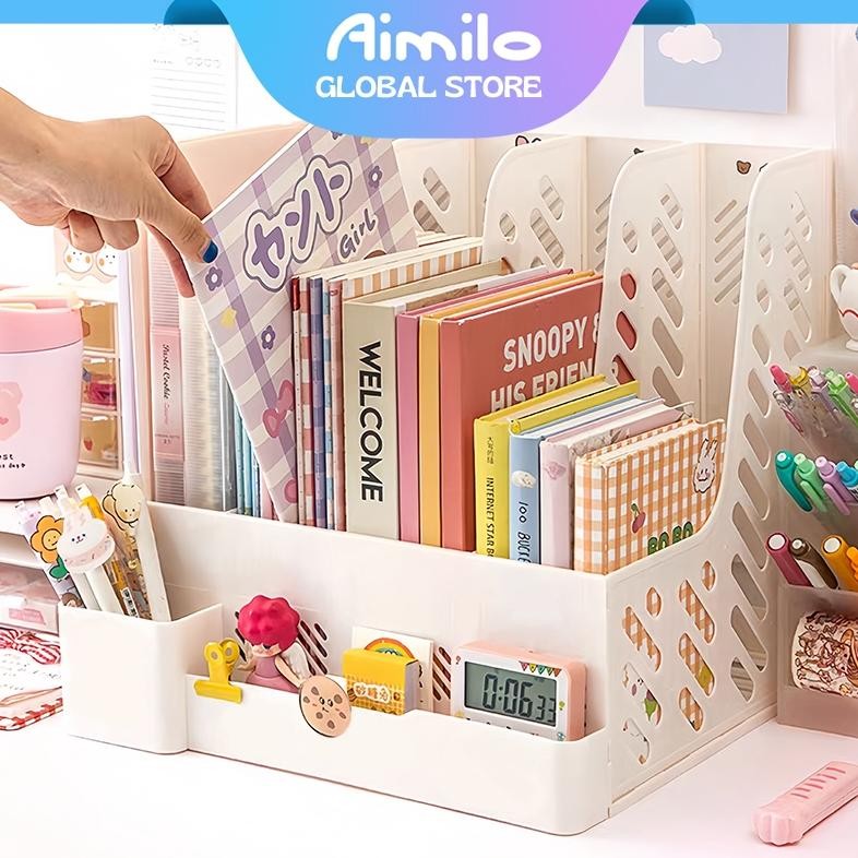 

Aimilo Rak Buku Minimalis Aesthetic Tempat Buku Desktop Organizer File Serbaguna Box File Rak Buku Sekat