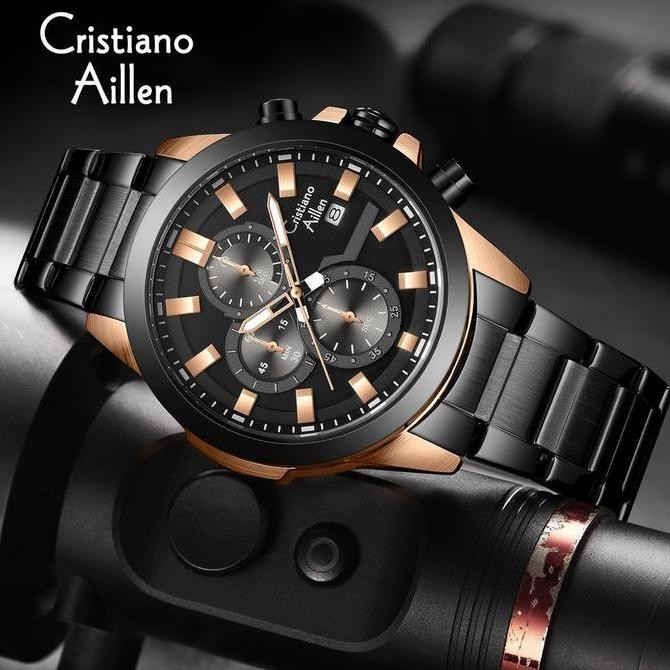 Grosir Diskon Cristiano Aillen Jam Tangan Pria Analog 8892 Rantai Stainless Steel Chronograph Kaca S