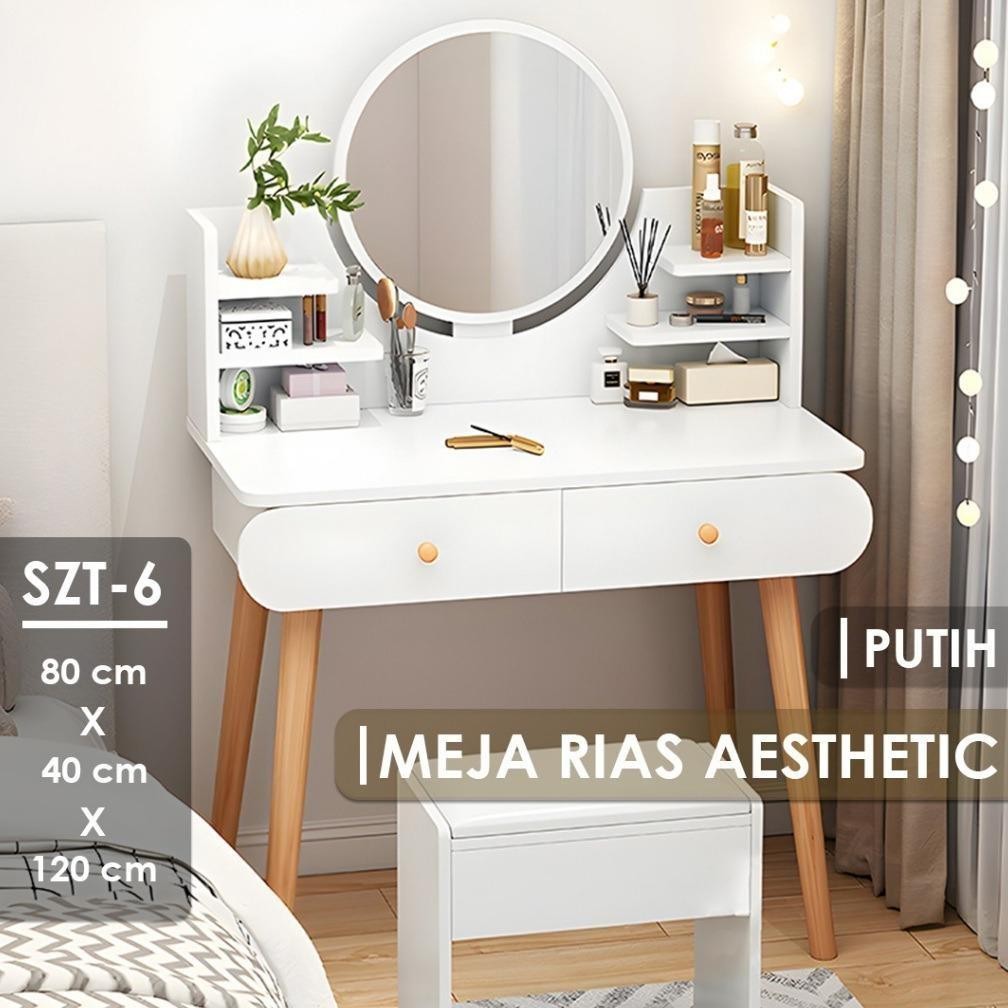 SZT-5-6 Meja Rias Modern Minimalis Rak Meja Kosmetik Warna Putih Meja Rias Aesthetic Tanpa LED