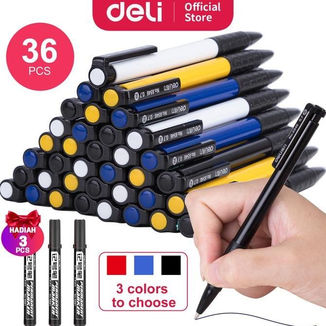 

Termurah Deli Pulpen Retractable 3 Warna 1Box isi 36Pcs hasil tinta tebal 6546