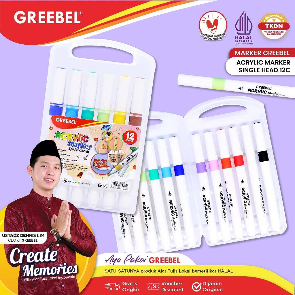 

GREEBEL Acrylic Marker / Acrylic Marker 12 Warna / GREEBEL Acrylic Marker Single Head Gmas 12C