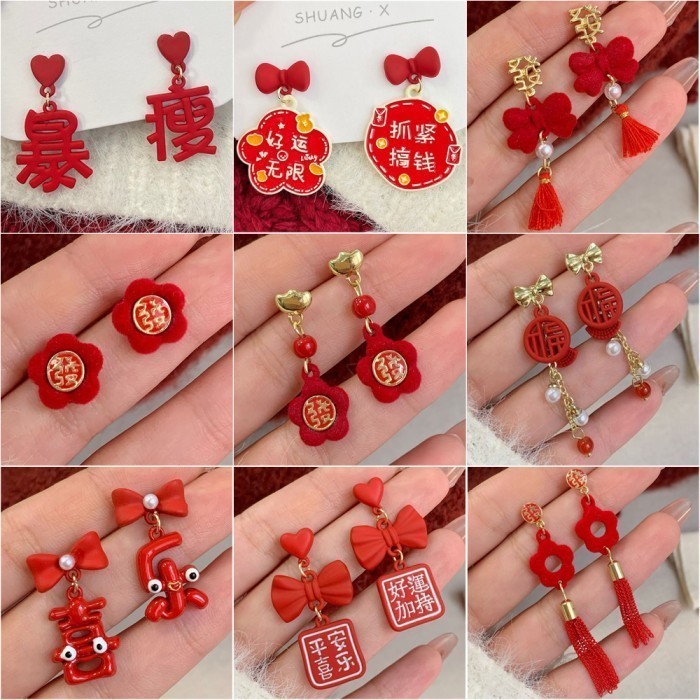 Gikado Anting Merah Imlek Keberuntungan Unik Red Chinese New Year Earrings