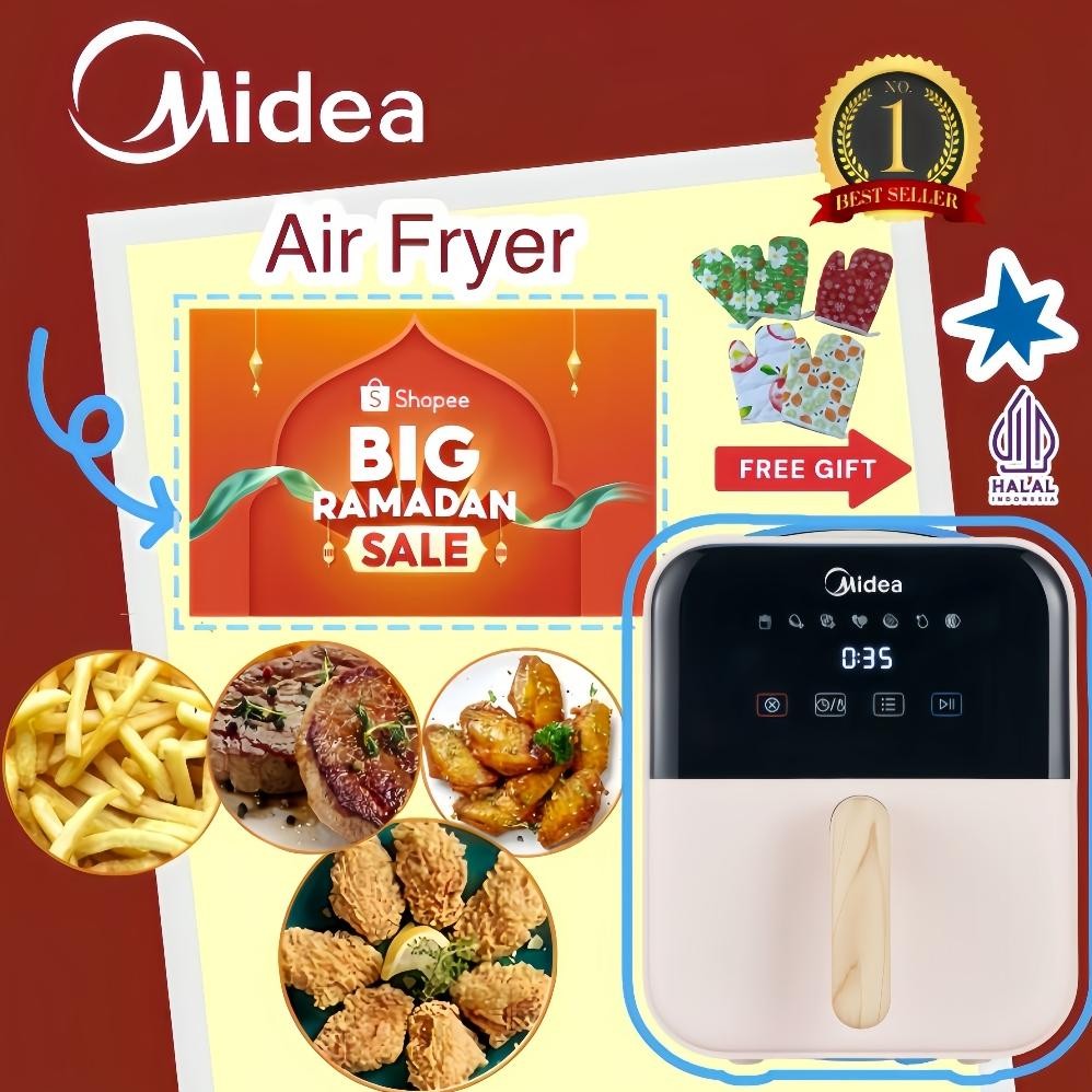 Hadiah PernikahanMidea Digital Airfryer Watt 650W 4L Wood Handle Kayu Touch Screen Frayer