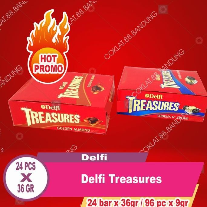 

HIW DELFI TREASURES 1 BOX 24 BAR X 36 GRAM ALMOND, COKLAT DELFI TREASURE SATU BOX ISI 96 PCS X 9GR CHOCOLATE