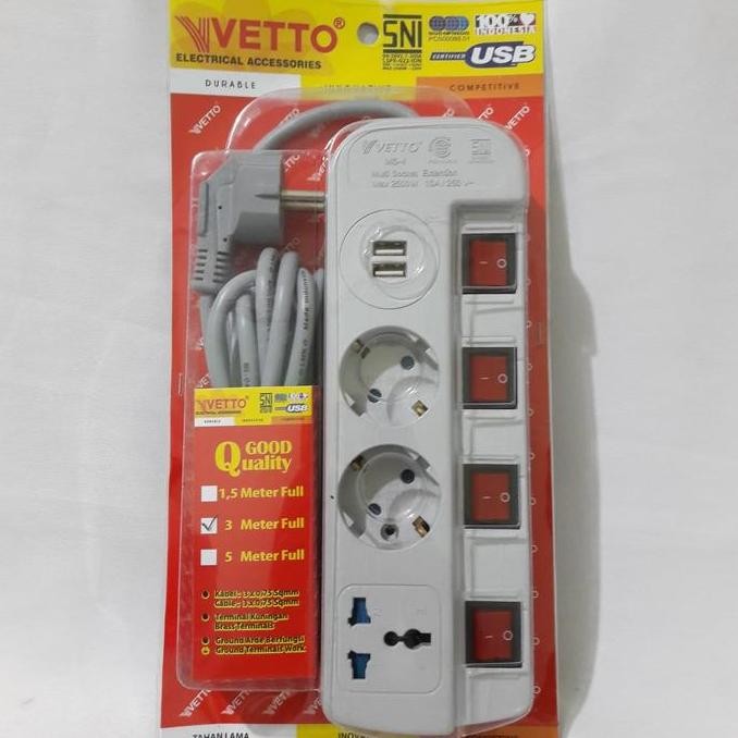 TERMURAH - Stop Kontak 2 Lubang+2 USB+4 Saklar+1 Colokan kaki 3+Kabel 3m VETTO