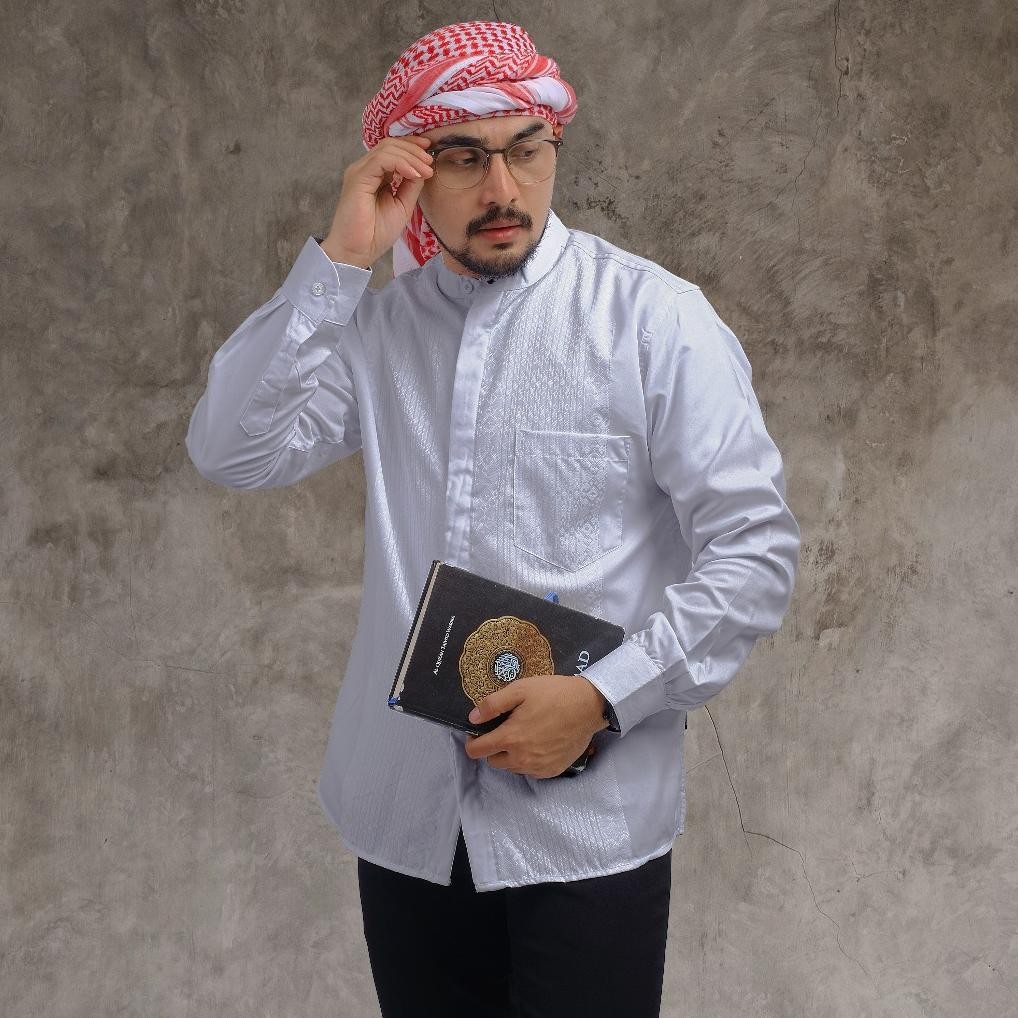 Berkualitas Dgm Kemeja Pria Koko Putih Bordir Lengan Panjang Motif Bordir Kotak 2380 Prermium