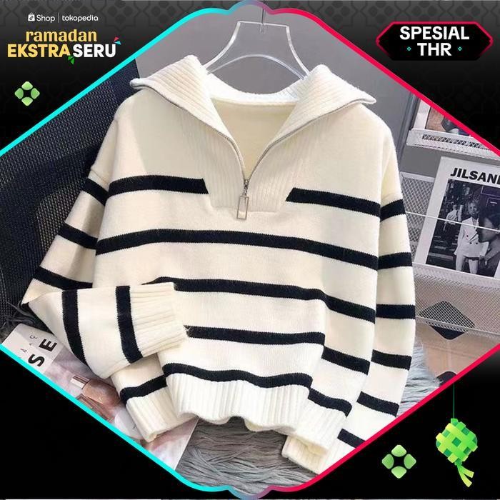 Telly 110 Sweater Stripe Classy Zipper Rajut Wol Santai V-Neck Polos Bunga Setrip Hitam Putih Oversi