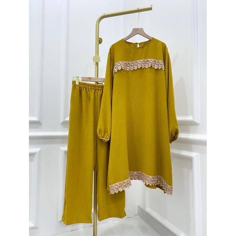 Premium One Set Crinkle Airflow Raya Long Tunik Jumbo Lebaran Mewah Brukat Renda Couple Keluarga Mur