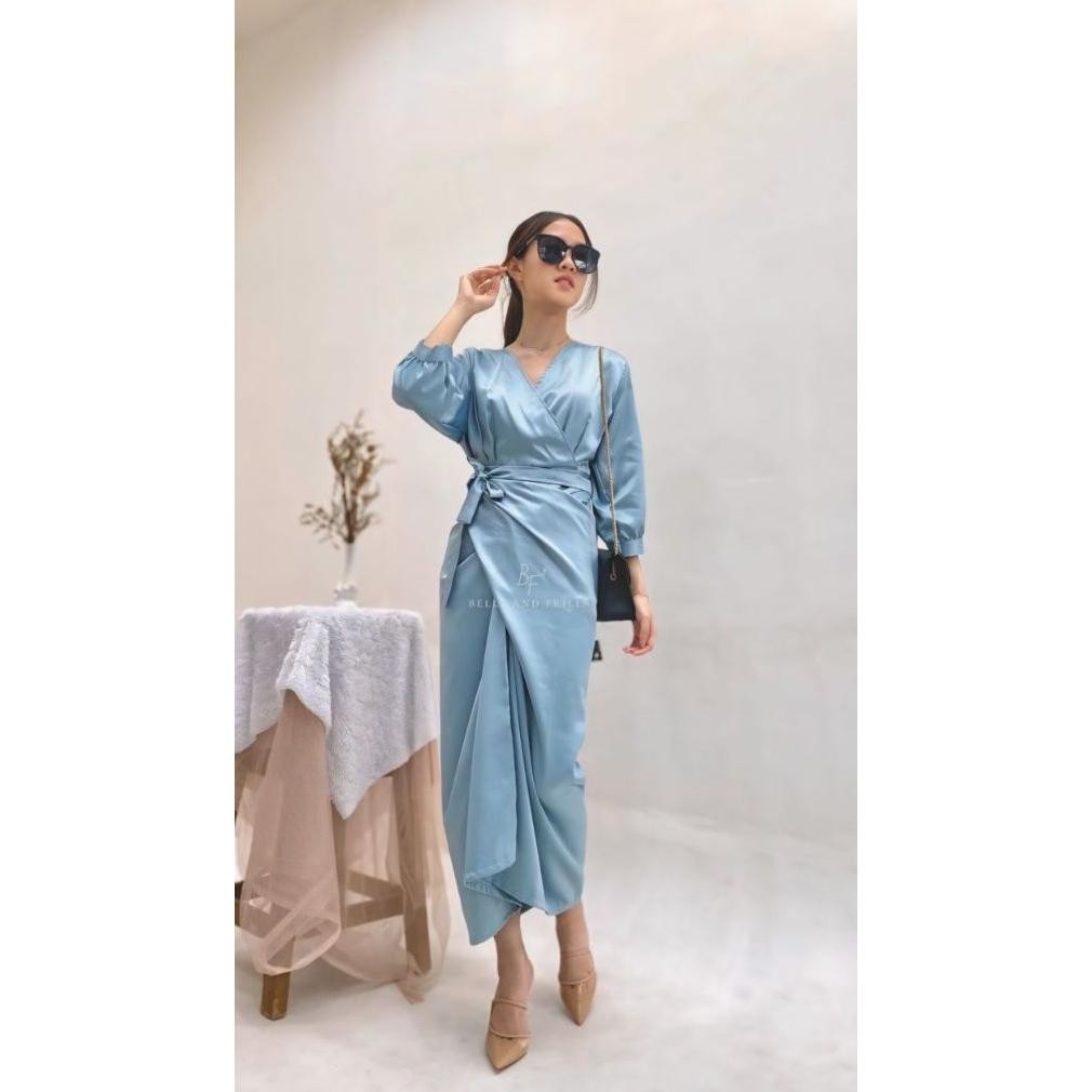 Ready Naura One Set Rok Lilit Satin + Kimono Blouse / Set Satin Wrap Skirt Kondangan / Oneset Satin 