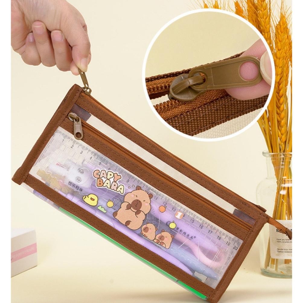 

Tru-63 Civeto Tp90 Pouch Tempat Pensil Jaring Transparan Capybara Double Layer Large Capacity Zipper Pencil Case Cosmetic Bag