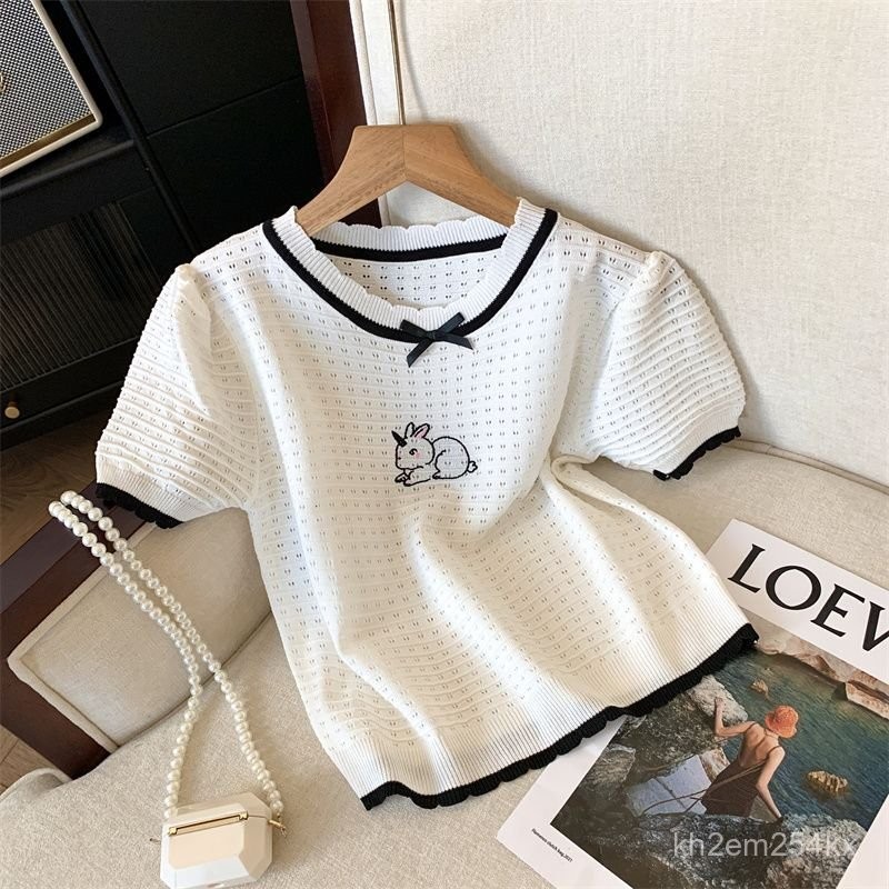 Women's Sweet Bunny Puff Sleeve Bowknot Knit Short Sleeve T T-shirt/Top