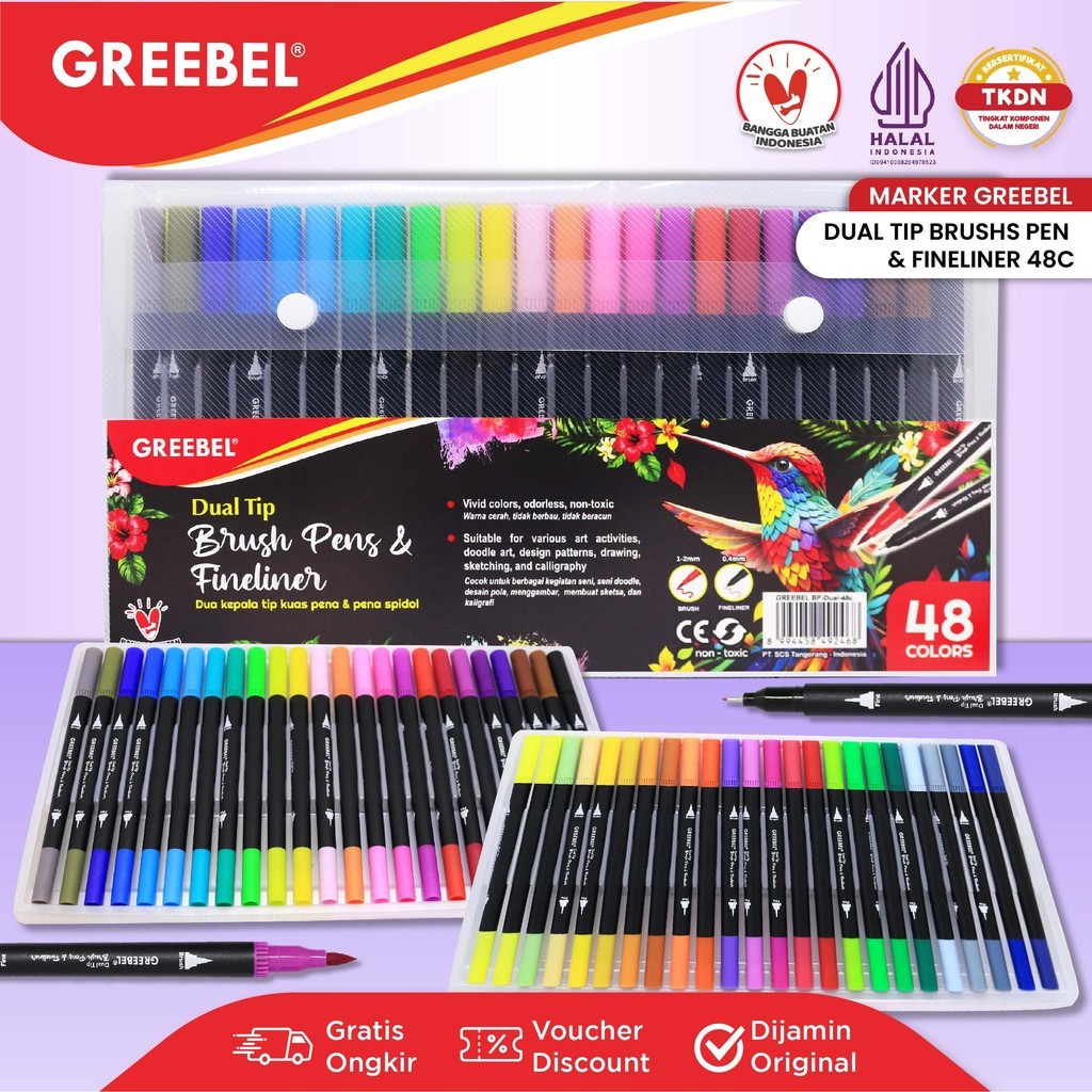 

GREEBEL Dual Tip Brush Pen Color / 48 Warna / Pena Kuas Warna / Spidol Set Marker Drawing Pen