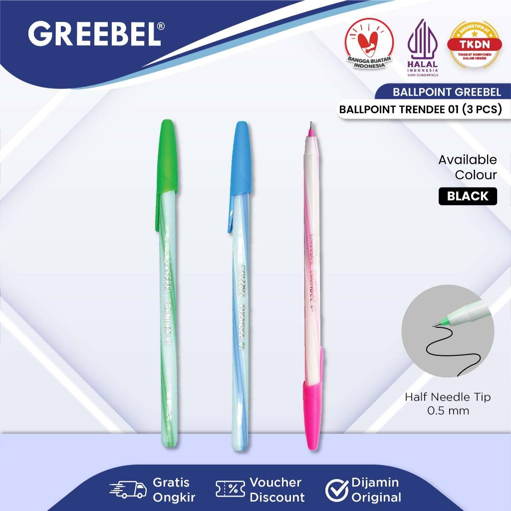 

GREEBEL Pulpen Ballpen / Trendee 01 Hitam (3PCS/SET) / Ballpoint Bolpen Bolpoin Pena Gel