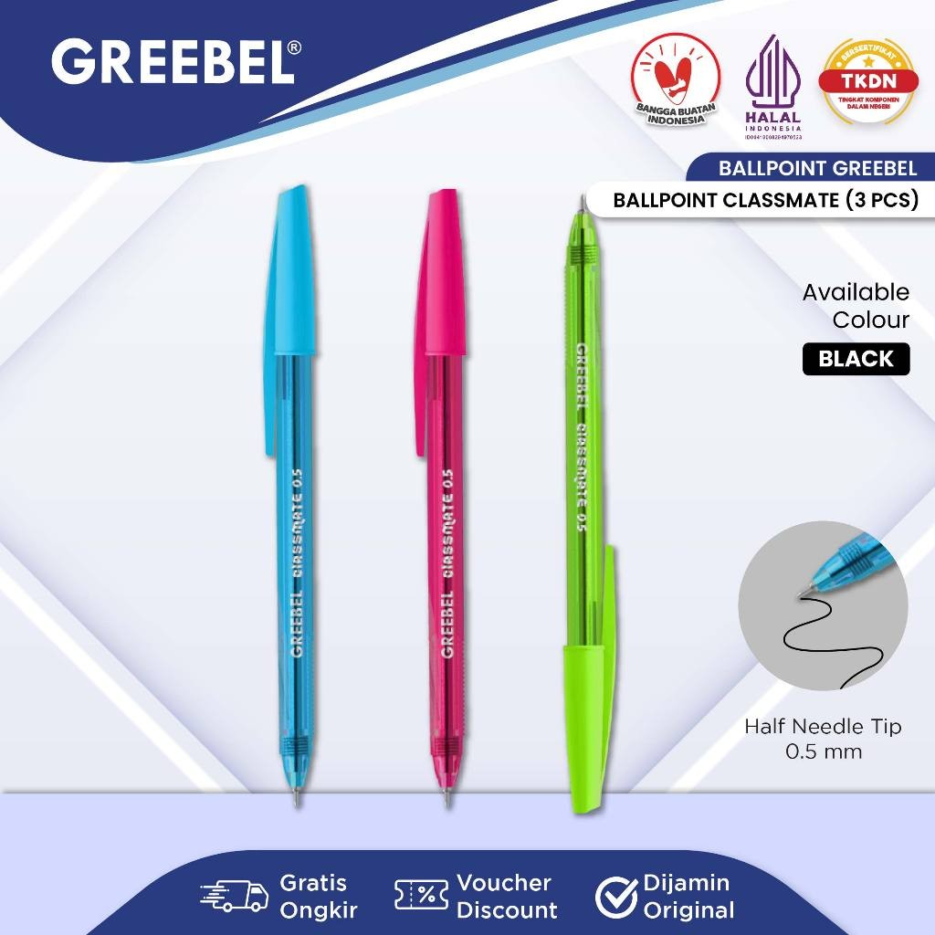 

GREEBEL Pulpen Ballpoint / Classmate 0.5 Hitam (3PCS/SET) / Pulpen Greebel / Pena / Ballpen