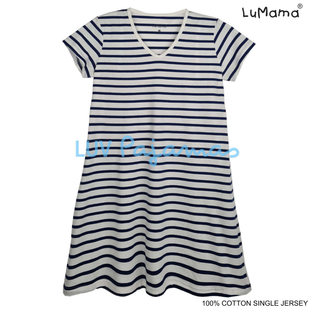 LuMama Baju Tidur Pakaian Wanita Daster Lengan Pendek Dress Midi Motif Garis / LM0251 Group 30