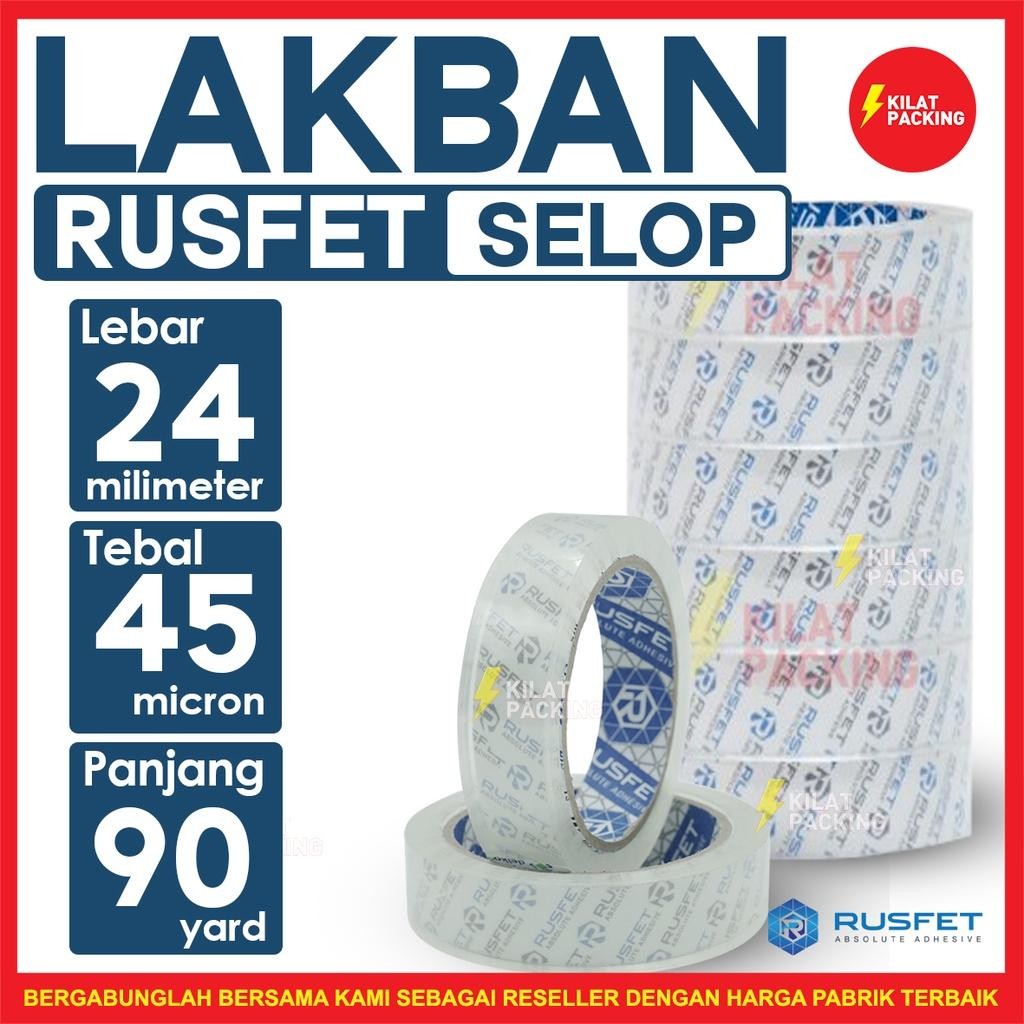

Lakban Rusfet Bening Premium Quality 24Mm X 90 Yard Per Selop / 12 Pcs