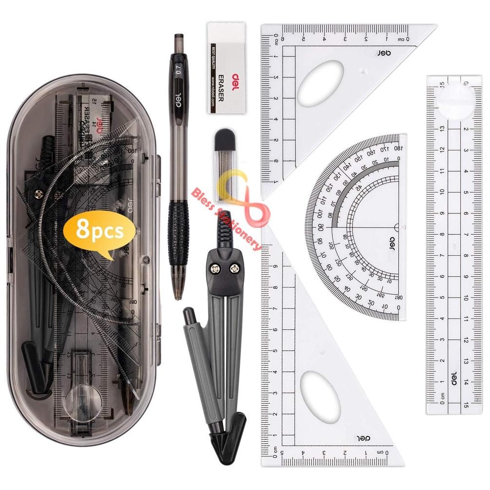 

READY STOK Jangka Penggaris Busur Sekolah DELI Compass Drafting Set Square Ruler Siap kirim