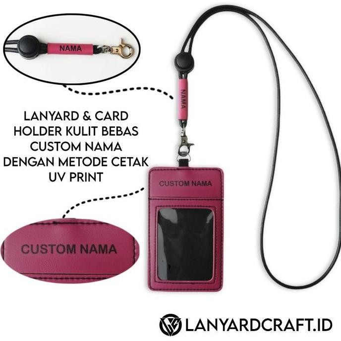 

HOT SALE [K3] Id Card Custom Nama + Lanyard Kulit - Card Holder Leather Custom UV print - PINK