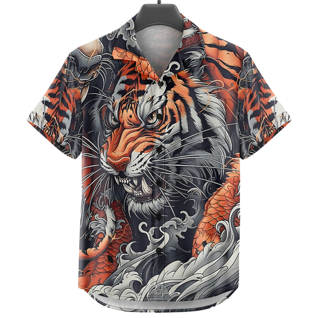 GOKS Baju Kemeja Pria Wanita Motif Full Printing Dowear Laki Laki Kekinian 501 TIGER DRAGON BLACK