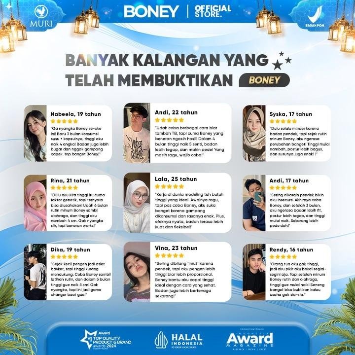 

Boney & Susu Boney - Kapsul & Susu Peninggi Badan Naikkan Tinggi Badan 5-15 Cm Penunjang Pertumbuhan