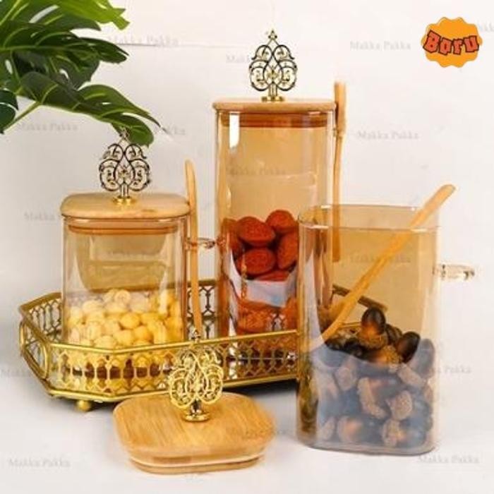 JUAL TOPLES GOLD PENYIMPANAN MAKANAN TOPLES LEBARAN KACA TUTUP KAYU BULAT DENGAN STOPLES PENYEGEL SE