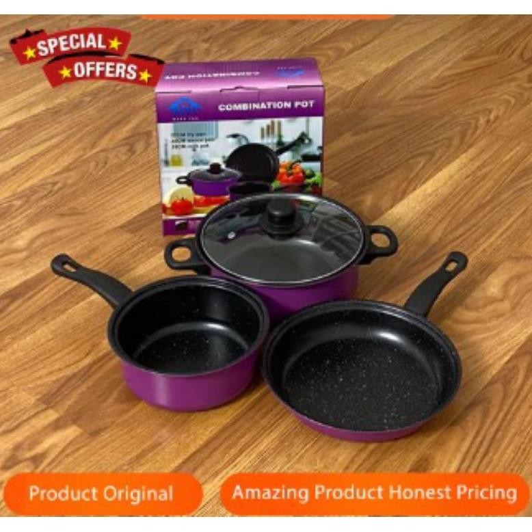 Panci Anti Lengket 3 IN 1 Anti Lengket Panci Set Isi 3 Pcs Panci Tutup Kaca Cookware