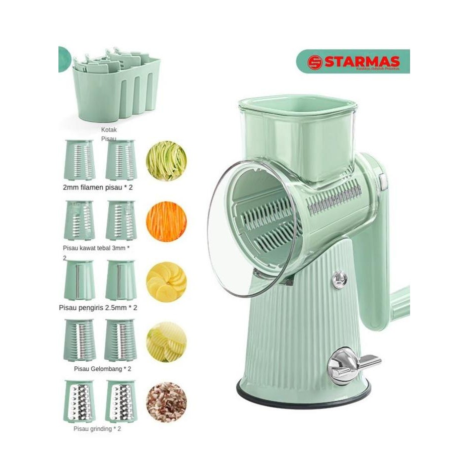 

Terlaris Starmas Parutan Pengiris Pemotong Putar Buah Sayur Dan Bawang Manual 5 Pisau 1 Handel Anti Slip Kualitas Premium Serbaguna Alat Dapur Multifungsi Kitchenware Sayuran Peralatan Plastik