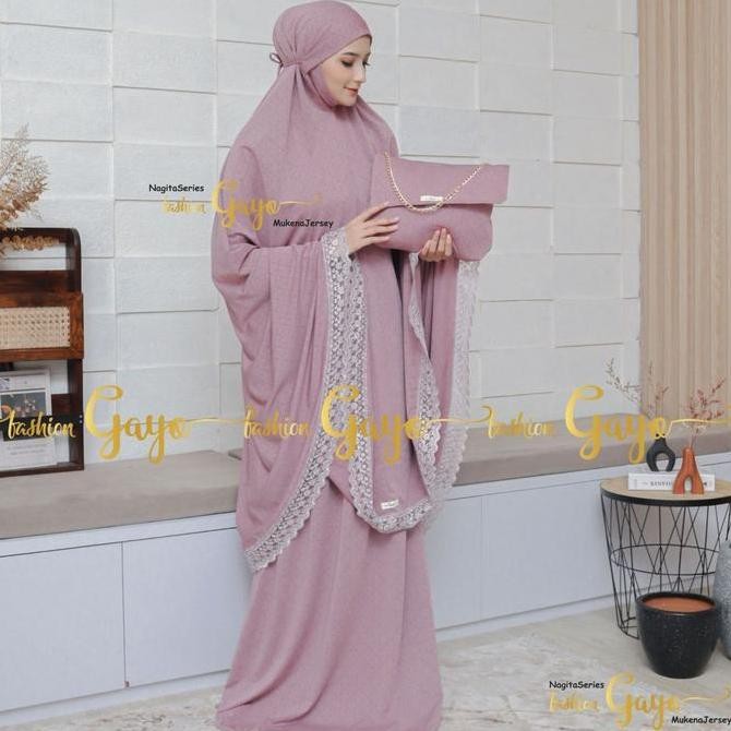 new MukenaGAYO, Mukena Dewasa Bahan Jersey Jaguard Jumbo Renda Mewah Menutup Dagu Tertutup NagitaSer
