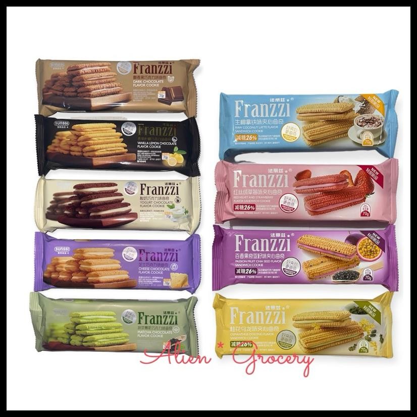 

FRANZZI SUNSSI COOKIES COOKIE BISKUIT DARK CHOCOLATE VANILLA LEMON YOGHURT CHEESE MATCHA RED VELVET STRAWBERRY OSMANTHUS OOLONG COCONUT LATTE PASSION FRUIT CHIA SEED 70GR