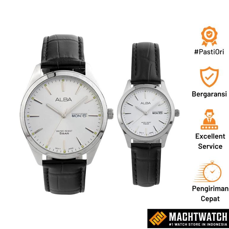 Jam Tangan Couple Alba An8089X1_Aj6193X1 Couple Silver Dial Black Leather Strap Murah