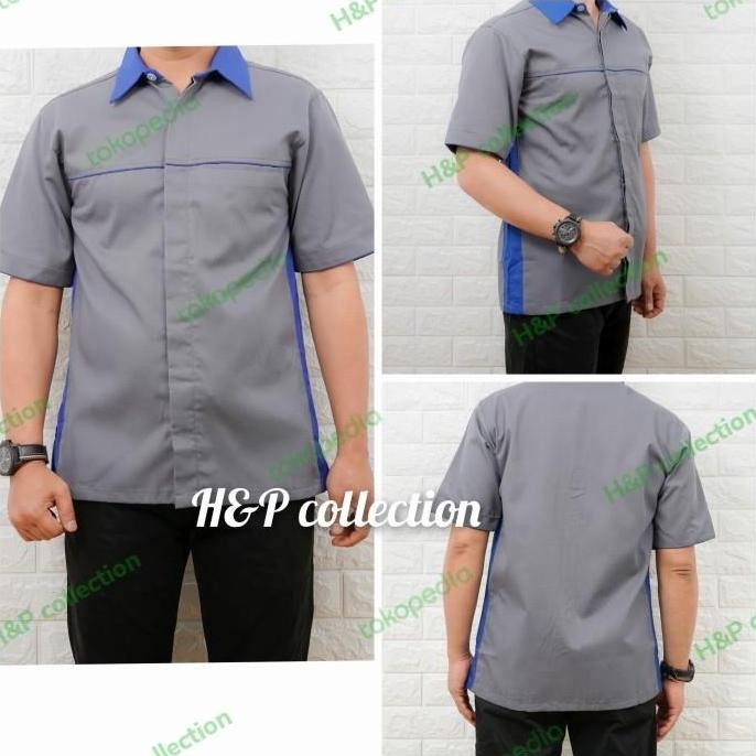 KEMEJA SERAGAM KERJA ABU POLOS COMBI BIRU.