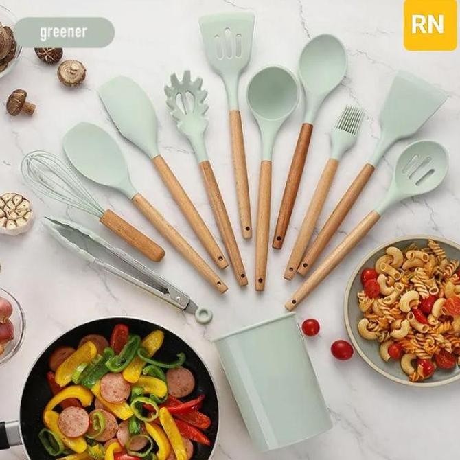 Spatula Set 12Pcs, Set Peralatan Masak Silikon Or-201 Paket Alat Dapur 11 In 1 + Wadah Satu Paket Le