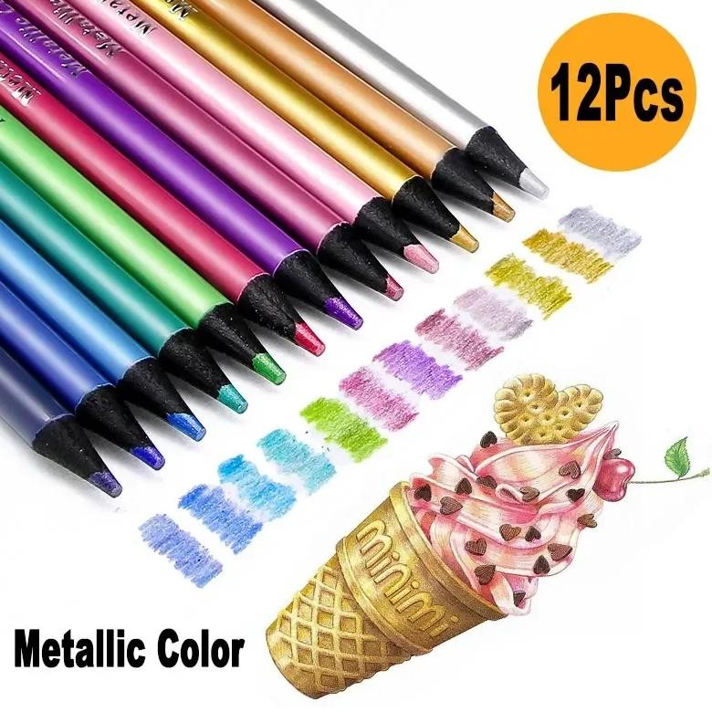 

Professional 12Pcs Metallic Colored Pencils Black Wood 3.0Mm Lead Set For Artist Painting Drawing School Art Sketch Stationery