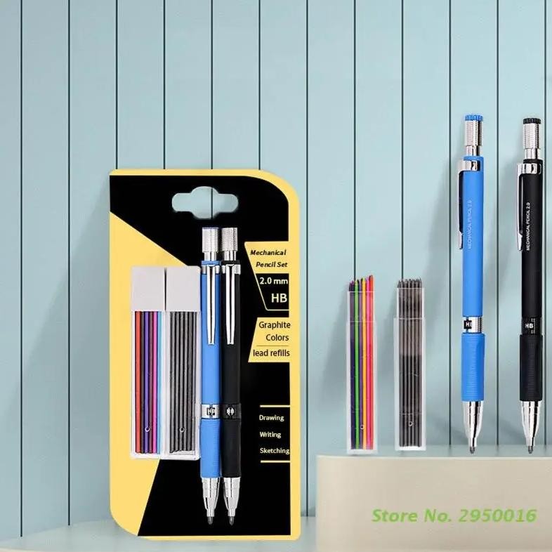 

2.0 Mm Mechanical Pencil Set 2X Automatic Pencils + 2 Cases Refills (Color And Black) For Student Draft Drawing Writing Crafting