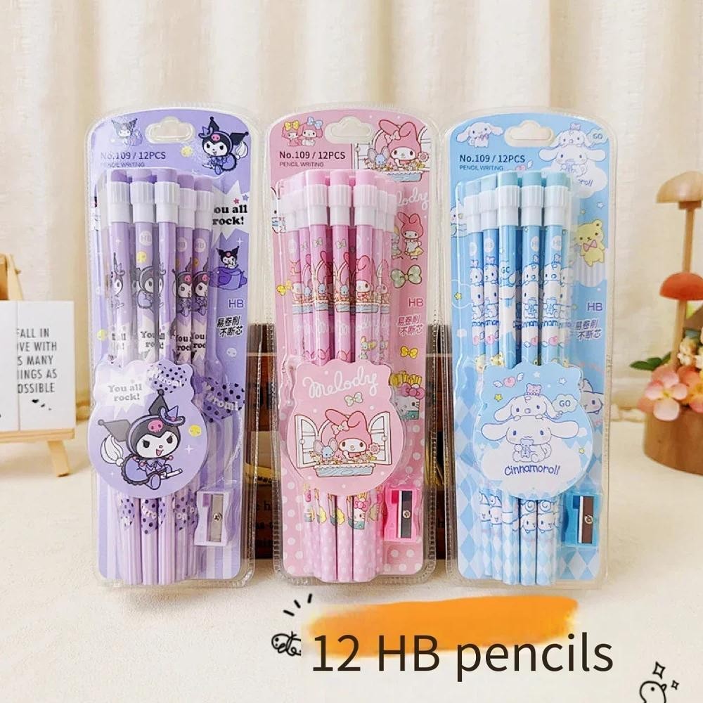 

12 Pcs Sanrio Kuromi Hb Pencil Set With Rubber And Pencil Sharpener Student Writing Drawing Pencils Stationery School Supplies