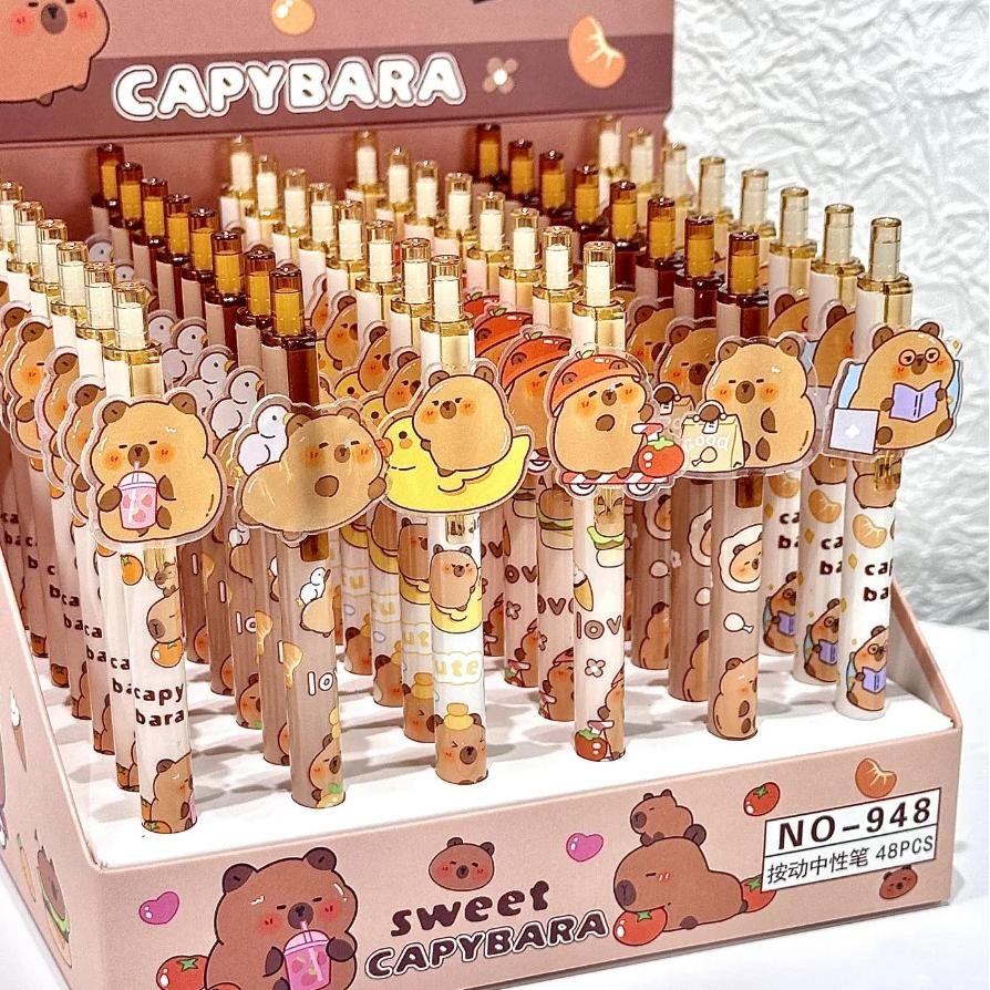 

48 Pcs Wholesale New Kapibara Capybara Press Black Ink Gel Pen High Value Ins Student School Office Stationery With Box