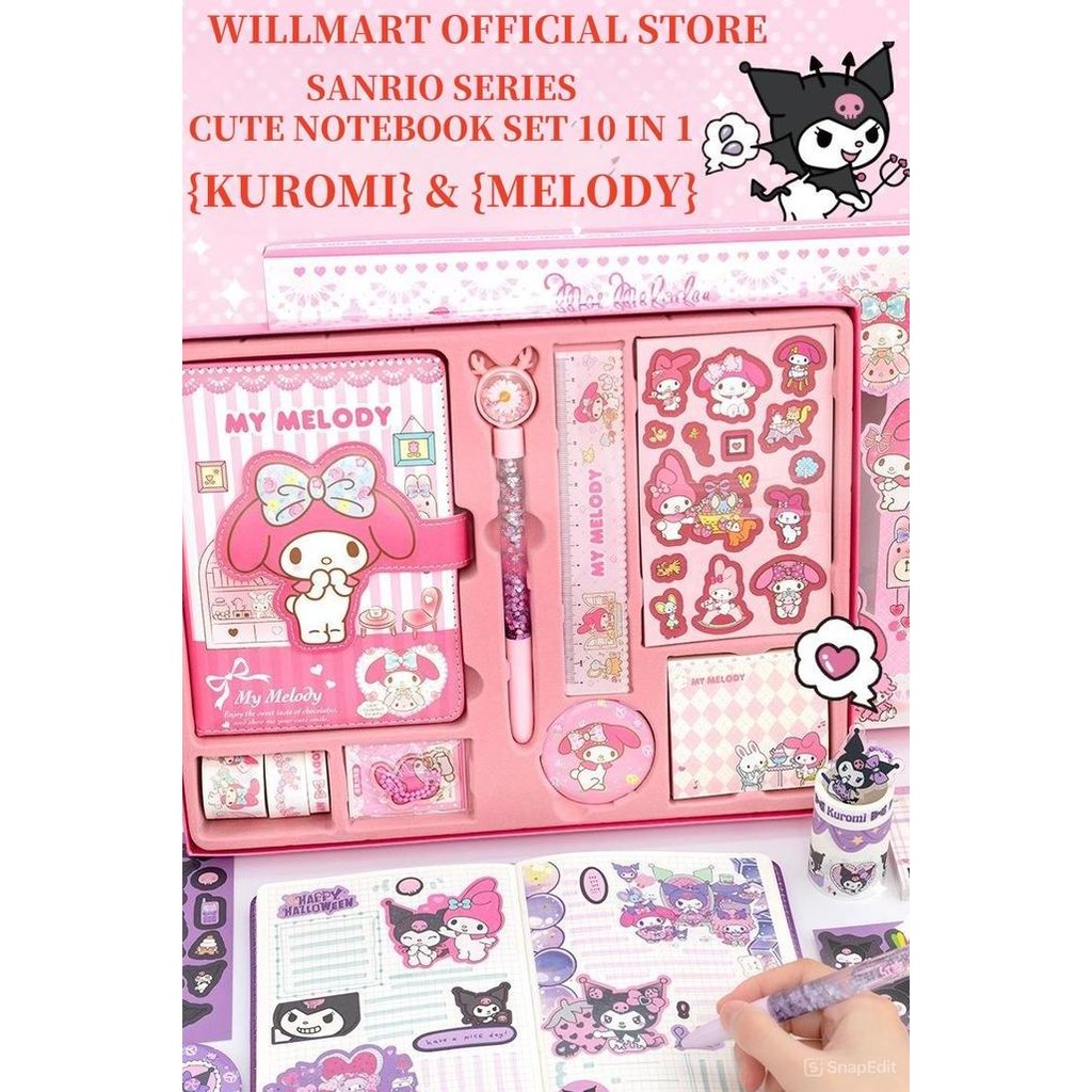 

SANRIO LUXURY NOTEBOOK FULLSET 9 IN 1 GIFT BOX /DIARY GIFT BOX KUROMI & MELODY /NOTEBOOK KUROMI SET