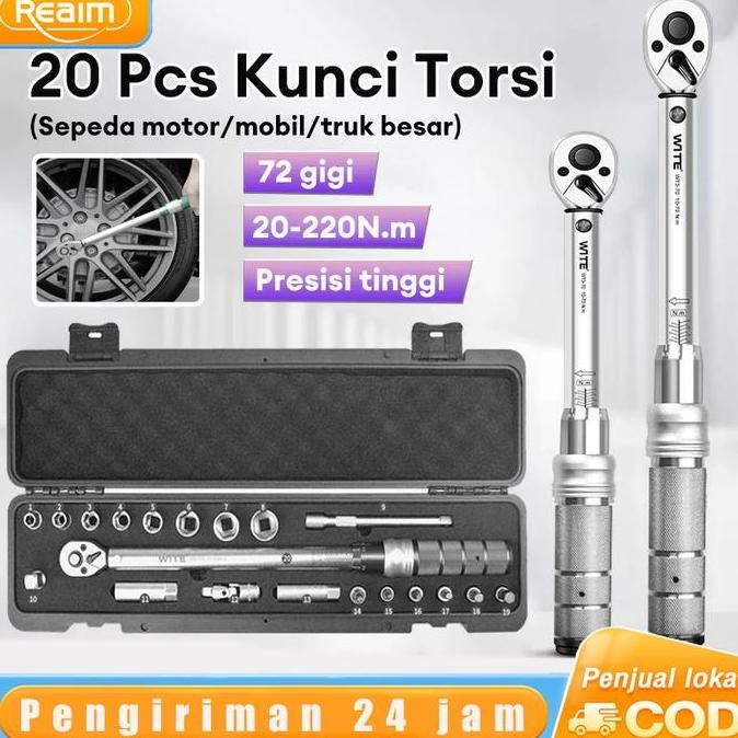 REAIM Tire Repair Kunci Torsi Sepeda 3/8 1/2 Drive Persegi 20-220N.M Ratchet Wrench Tire repair Tool