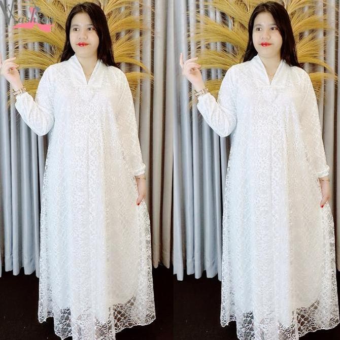 Gamis Brukat Tile Polos Putih Kartini A-Line Baju Muslim Vima 75385
