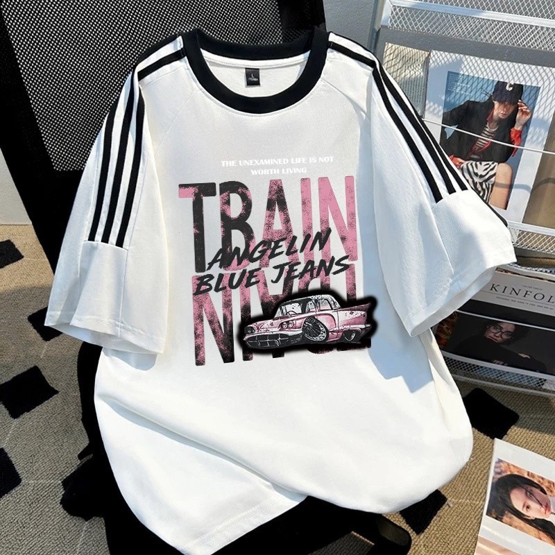 RumahKain Kaos Wanita Pink Graffiti Letters Printing 100% Original Baju Kaos Wanita Hree Stripe Leng