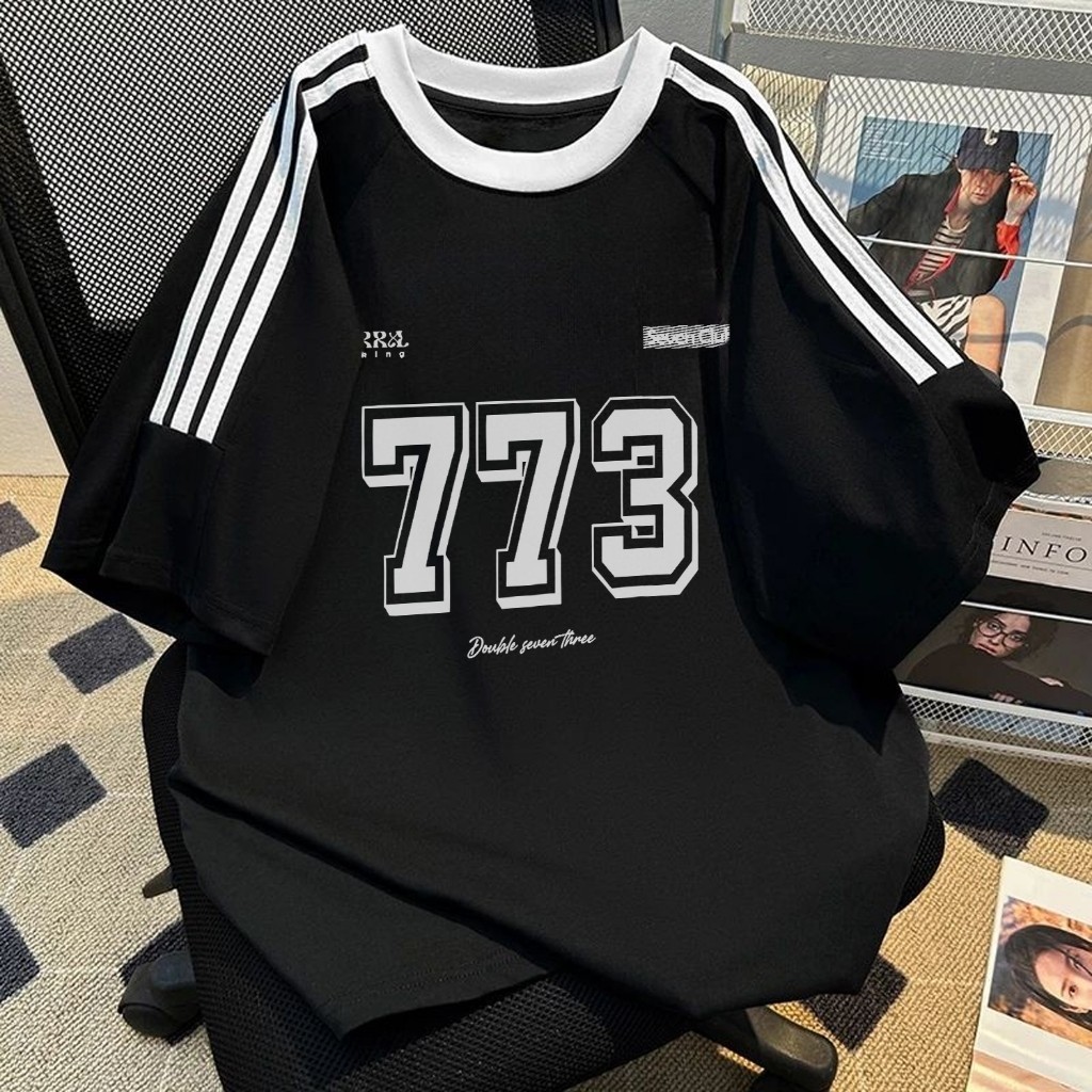 RumahKain Baju Kaos Terbaru Three Stripe Lengan Longgar Streetwear Baju Kaos “773” Print T-shirt