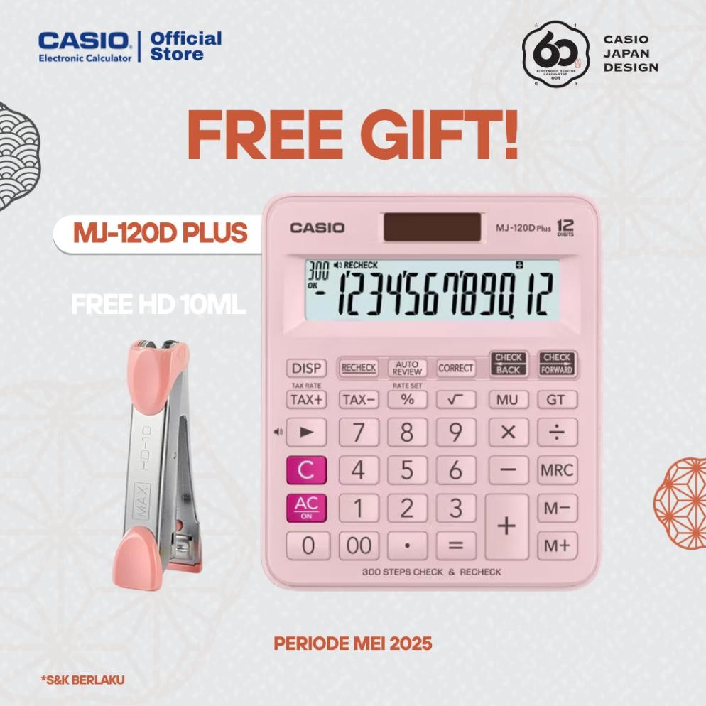 

LINDU CASIO CALCULATOR MJ-120DPLUS - PINK - Kalkulator Dagang - 12digit - FREE STAPLERS