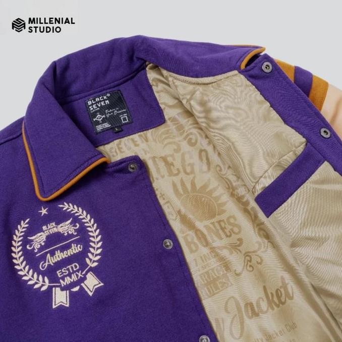 Murah Varsity Jacket San Diego Hard Bones Purple Cream | Jaket Baseball Kerah Bordir Original Unisex