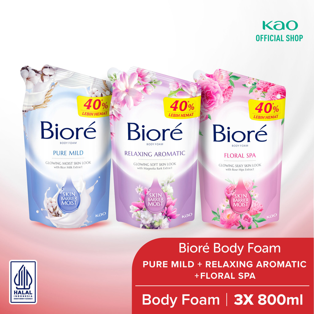 Biore Body Foam Sabun Mandi Pure Mild 800ml + Relaxing Aromatic 800ml + Floral Spa 800ml Pouch
