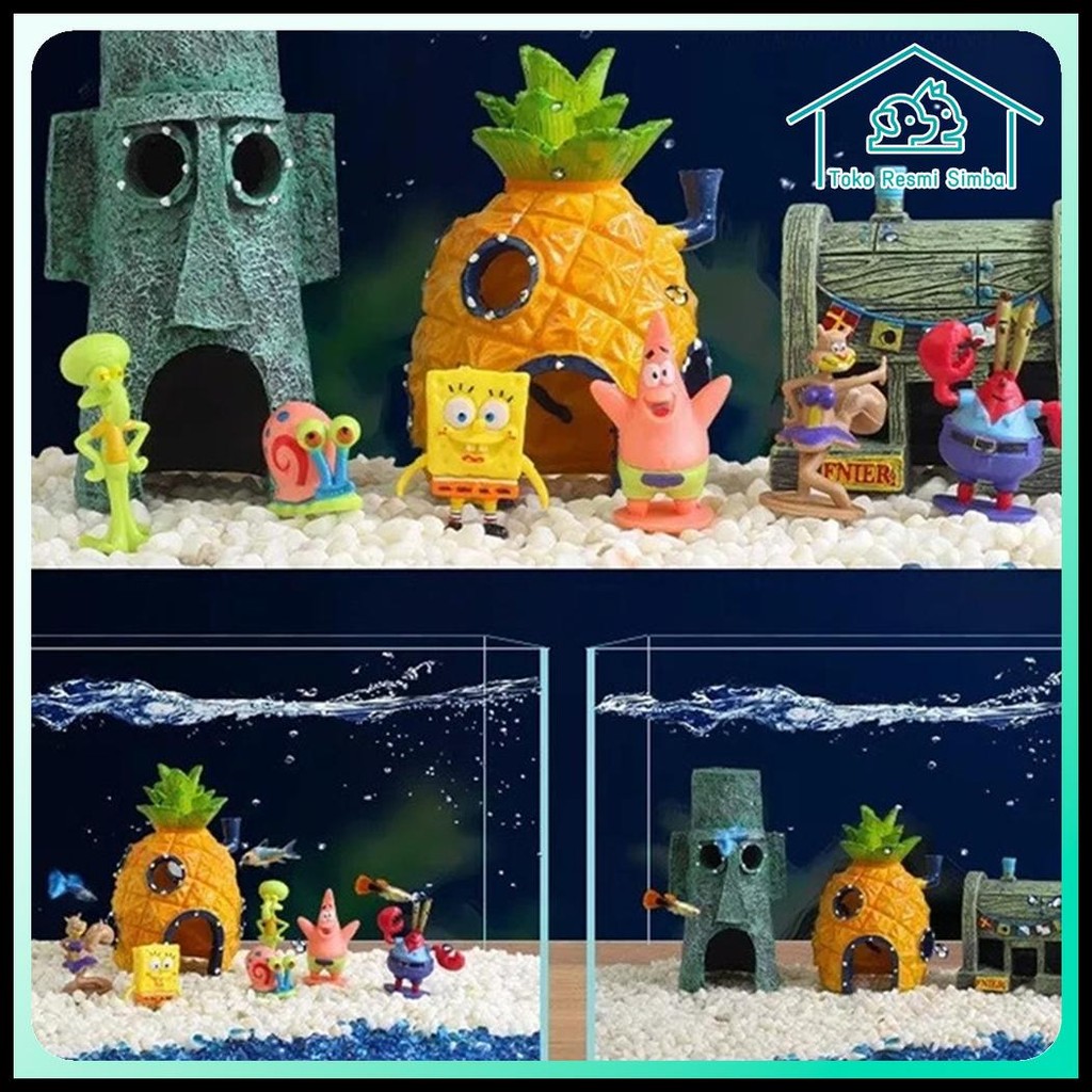 HIASAN AQUARIUM MINIATUR RESIN SPONGEBOB SET 6 PCS UNTUK DEKORASI AKUARIUM UNIK